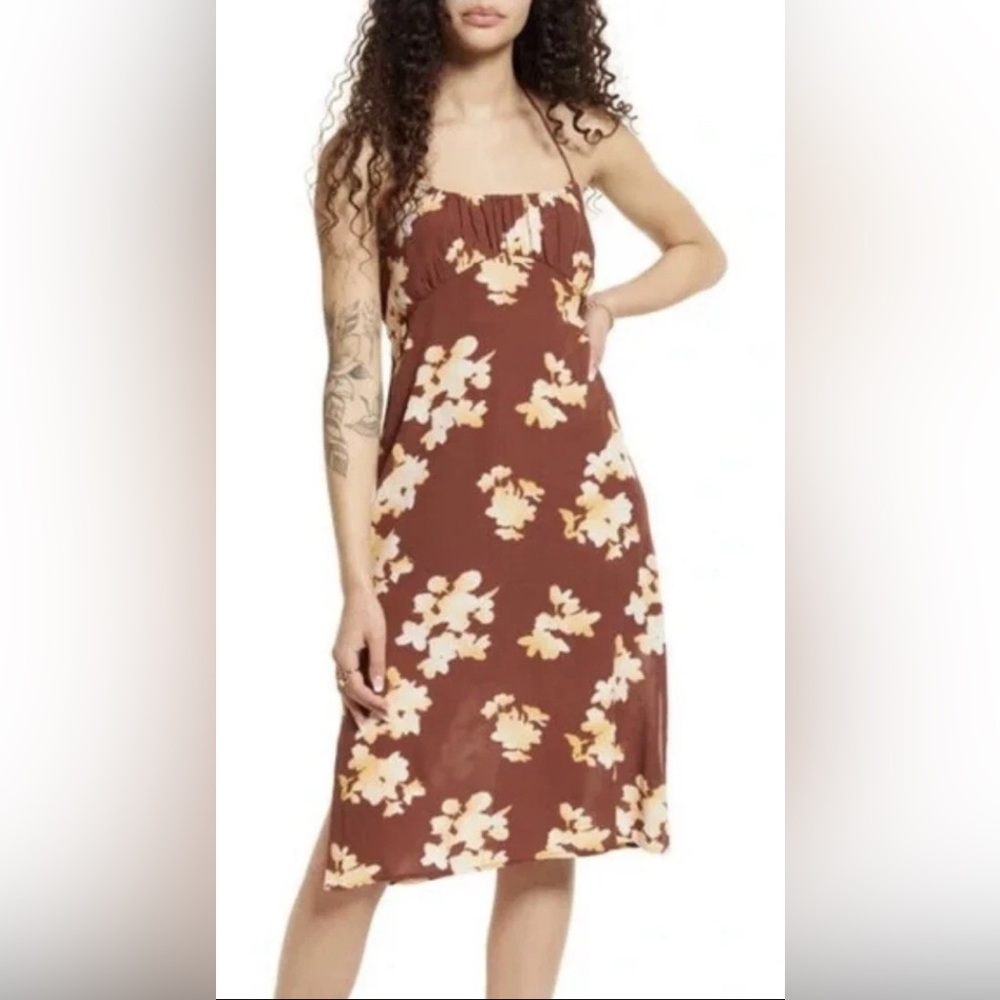 NEW Bp. Tie Back Halter Midi Dress Sleeveless Brown Ivory Floral Lined
